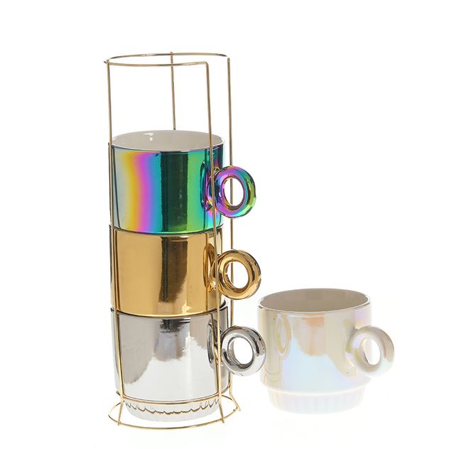 Set 4 cesti 250 ml lucioase in suport metalic – design multicolor