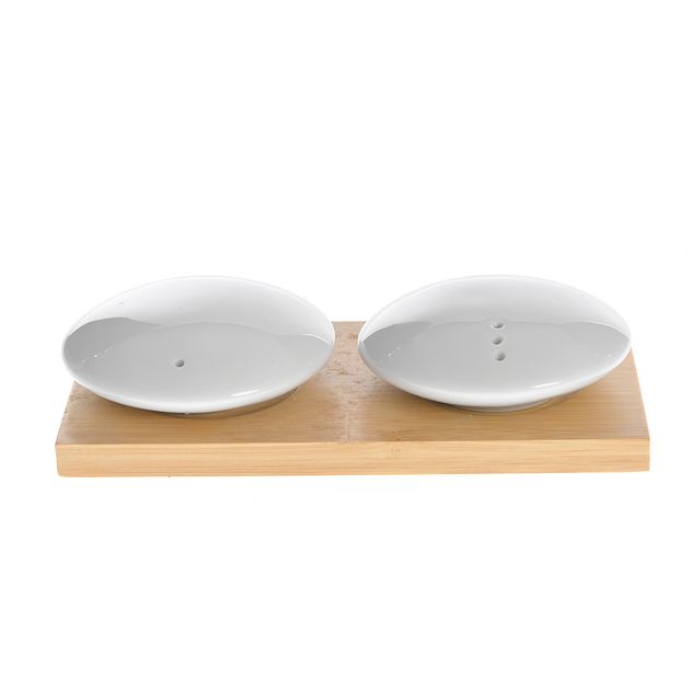 Set solnite sare si piper din ceramica pe suport din bambus