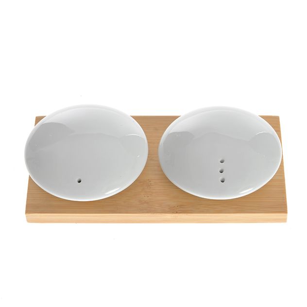 Set solnite sare si piper din ceramica pe suport din bambus