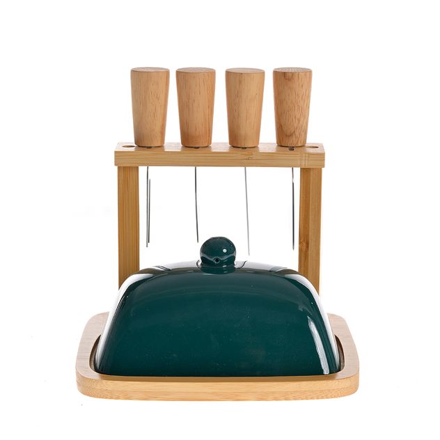 Set pentru aperitive cu clopot ceramic, cutite si suport din bambus