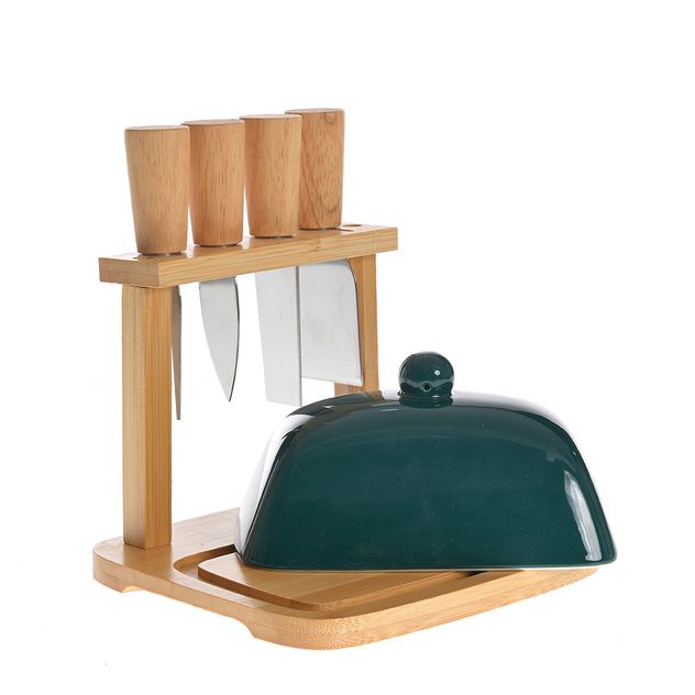 Set pentru aperitive cu clopot ceramic, cutite si suport din bambus