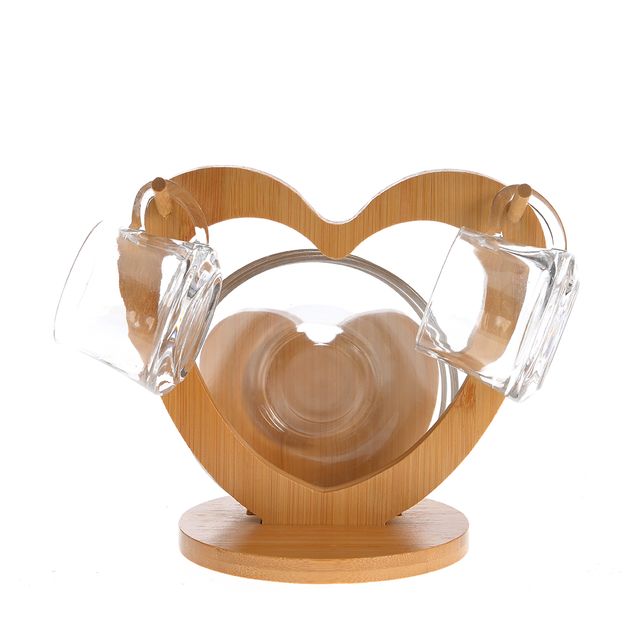 Set ceainic cu suport inima din bambus si 2 cesti din sticla 100 ml