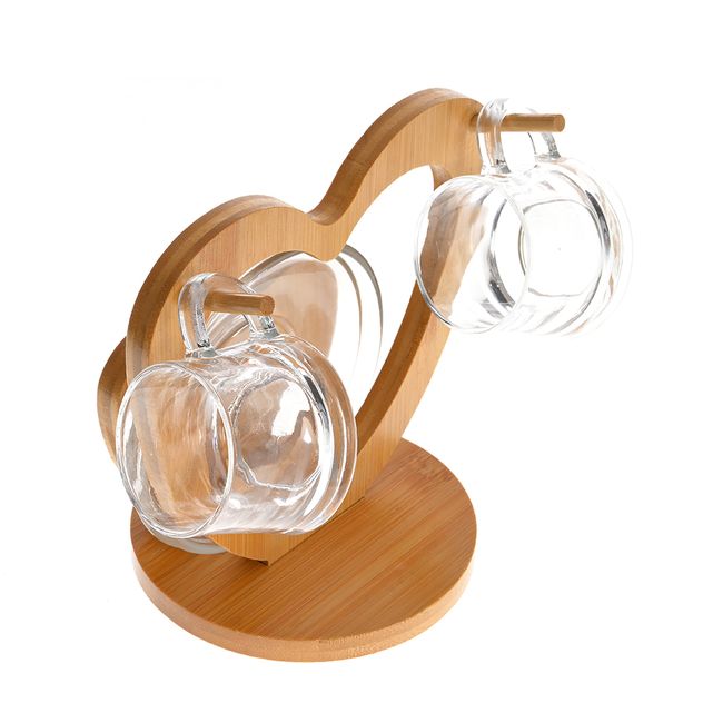 Set ceainic cu suport inima din bambus si 2 cesti din sticla 100 ml