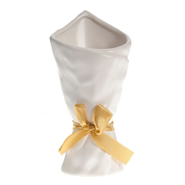 Vaza ceramica alba cu funda satinata galbena, design texturat 20 cm