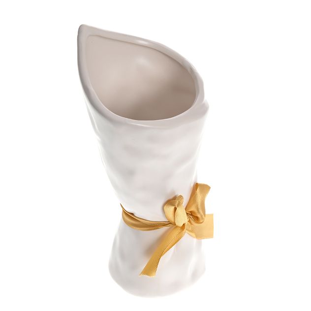 Vaza ceramica alba cu funda satinata galbena, design texturat 20 cm