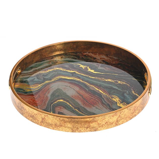 Tava rotunda decorativa cu margini aurii si model marmura 35.5 cm