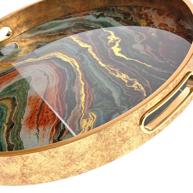 Tava rotunda decorativa cu margini aurii si model marmura 35.5 cm
