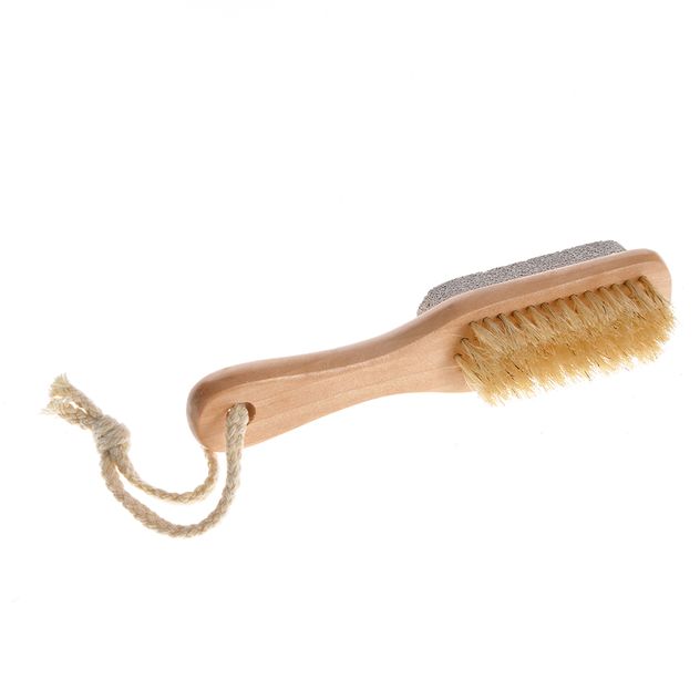 Perie dubla pentru pedichiura cu piatra ponce si maner din lemn