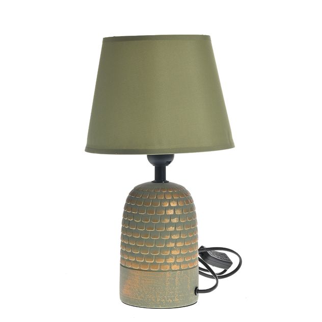 Lampa cu abajur textil si baza verde cu model reliefat