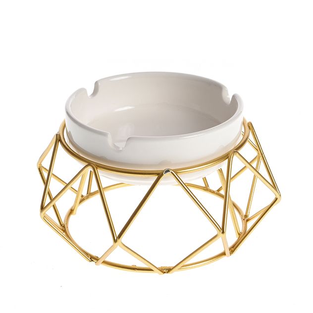 Scrumiere ceramica alb lucios cu suport metalic auriu 14 cm