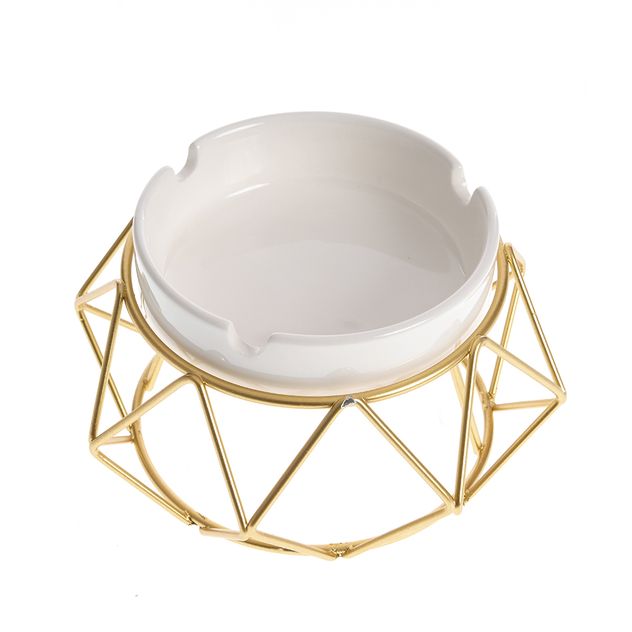 Scrumiere ceramica alb lucios cu suport metalic auriu 14 cm
