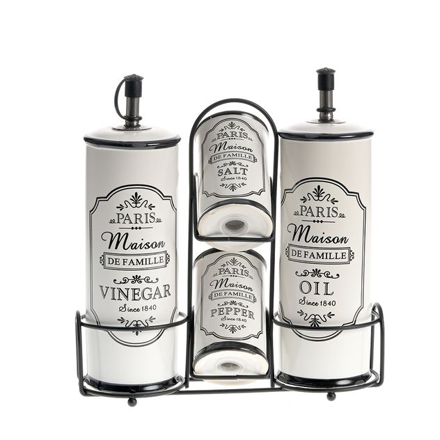 Set condimente cu suport metalic, 4 piese ceramica Maison de Famille