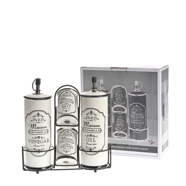 Set condimente cu suport metalic, 4 piese ceramica Maison de Famille