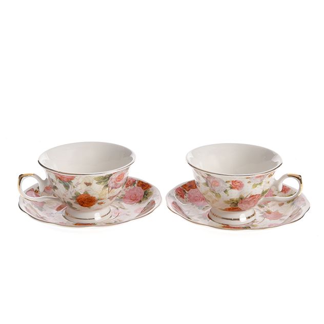 Set elegant cu 2 cesti si farfurioare cu decor floral