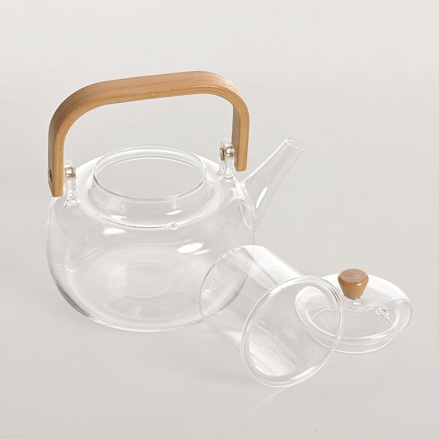 Ceainic din sticla termorezistenta cu maner de bambus 1000 ml