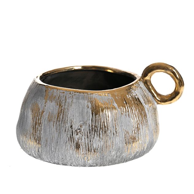 Vaza ceramica decorativa cu finisaj argintiu si detalii aurii 21 cm