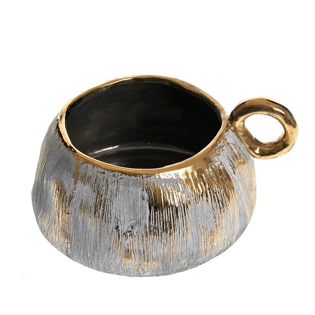 Vaza ceramica decorativa cu finisaj argintiu si detalii aurii 21 cm
