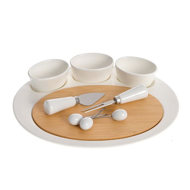 Set servire branzeturi cu suport din bambus si accesorii ceramice 30 cm
