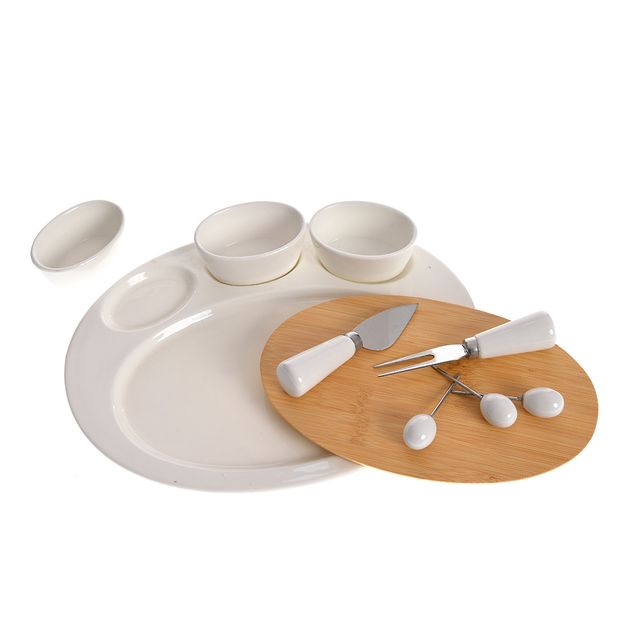 Set servire branzeturi cu suport din bambus si accesorii ceramice 30 cm