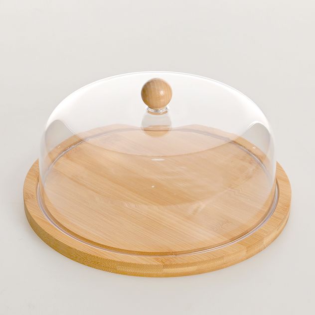 Cloche rotund cu baza din bambus si capac transparent 25 cm