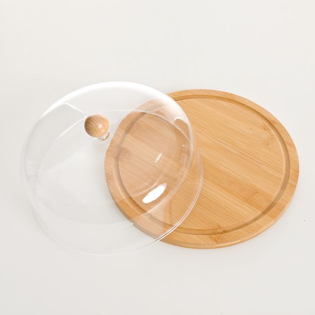 Cloche rotund cu baza din bambus si capac transparent 25 cm