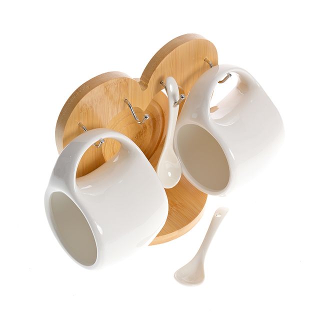 Set 2 cesti cu lingurite si suport din bambus in forma de inima 200 ml