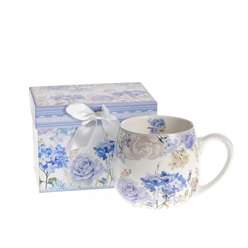 Cana ceramica 420 ml cu imprimeu flori albastre - 1 | YEO