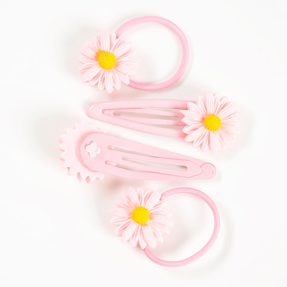 Set 2 elastice de par si 2 clame cu floare roz - 1 | YEO