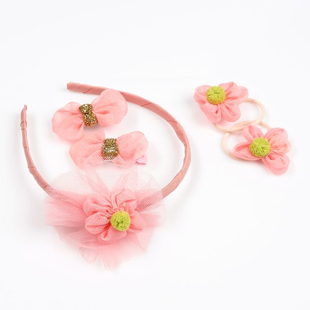 Set accesorii roz cu bentita, fundite si elastice florale