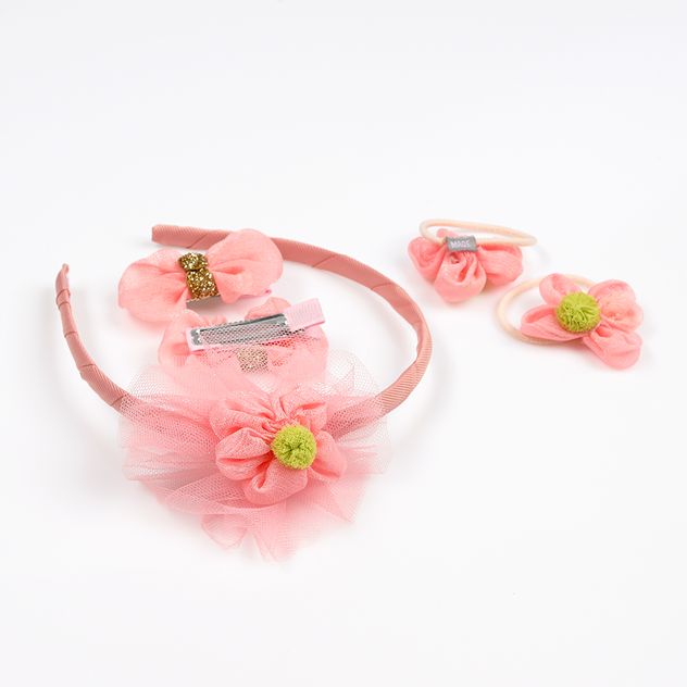 Set accesorii roz cu bentita, fundite si elastice florale