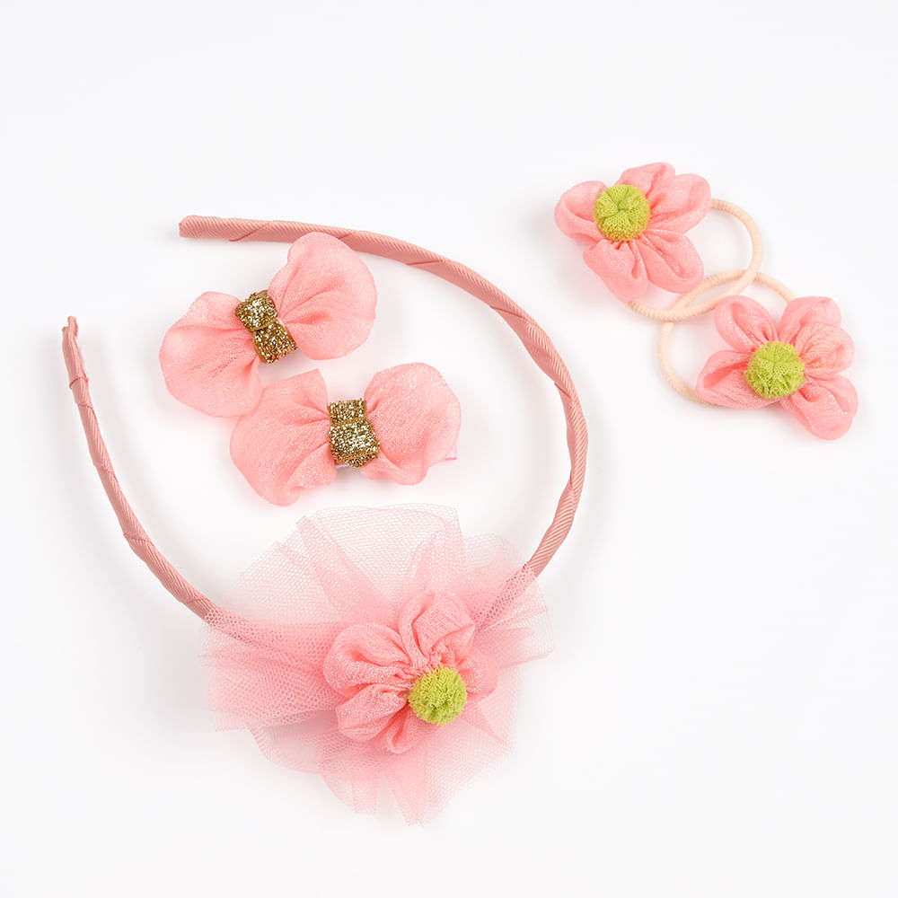 Set accesorii roz cu bentita, fundite si elastice florale - 2 | YEO