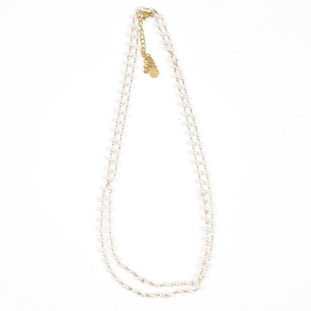 Colier dublu din otel cu perle fine si detalii aurii