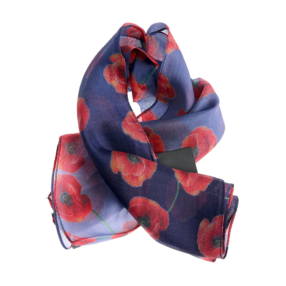 Esarfa matase bleumarin cu imprimeu de maci rosii 50 x 50 cm