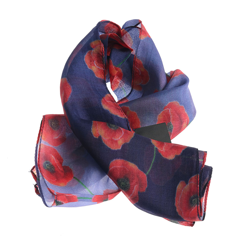 Esarfa matase bleumarin cu imprimeu de maci rosii 50 x 50 cm - 1 | YEO