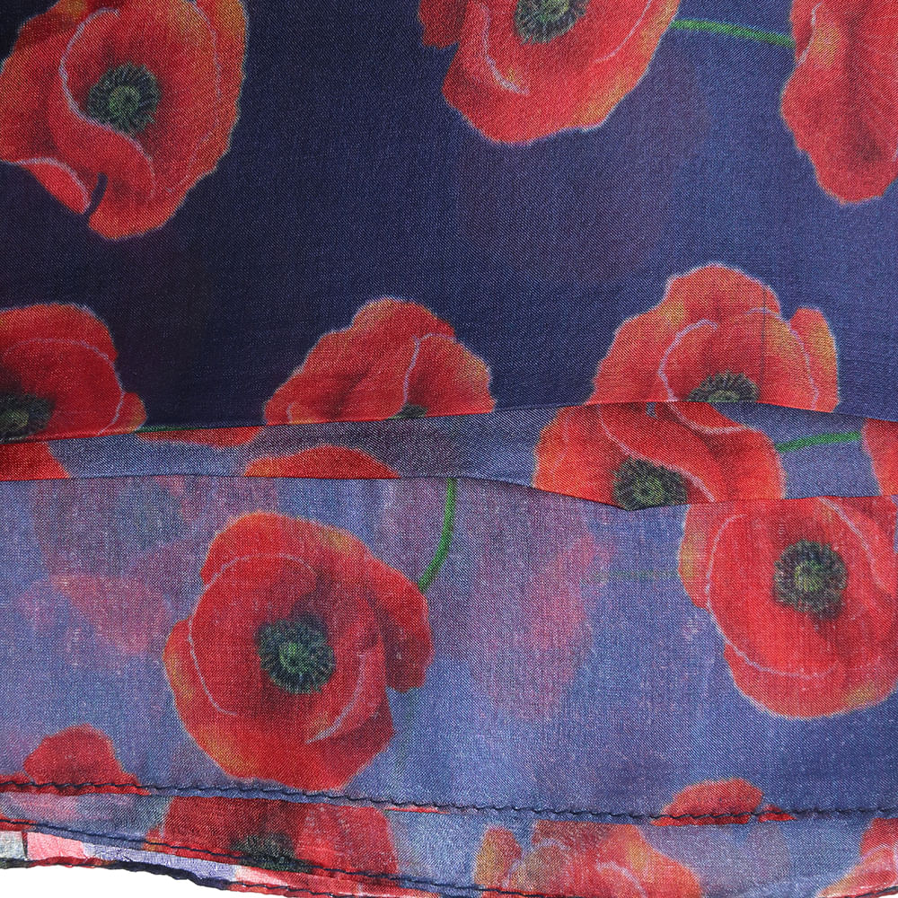 Esarfa matase bleumarin cu imprimeu de maci rosii 50 x 50 cm - 2 | YEO