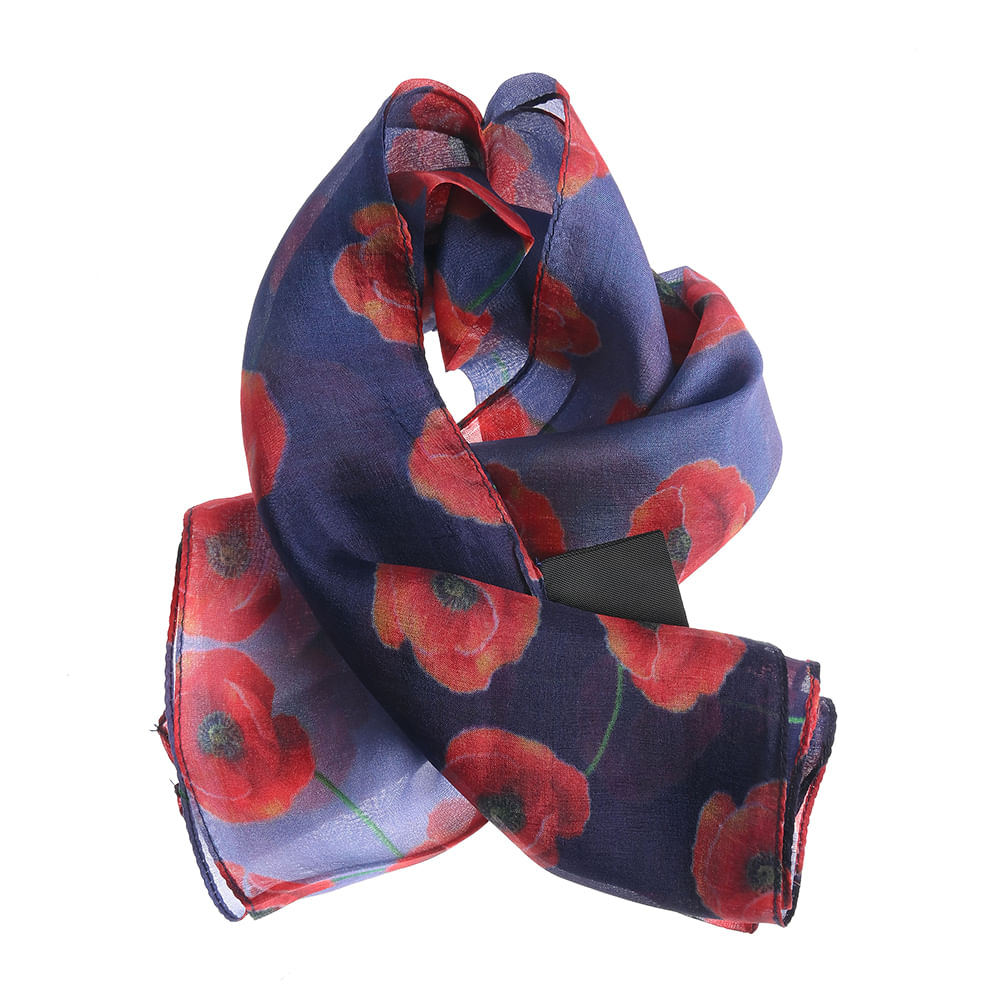 Esarfa matase bleumarin cu imprimeu de maci rosii 50 x 50 cm - 3 | YEO