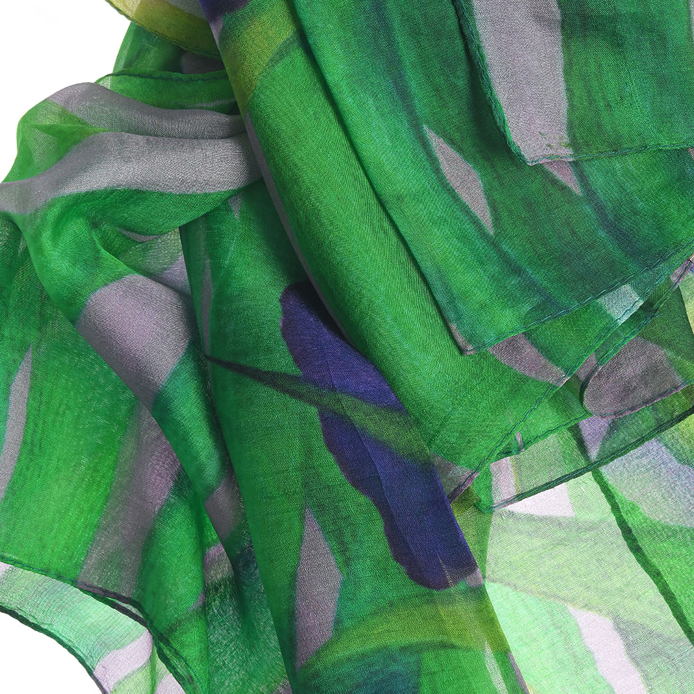 Esarfa matase cu imprimeu floral in nuante de verde si mov 100 x 100 cm - 1 | YEO