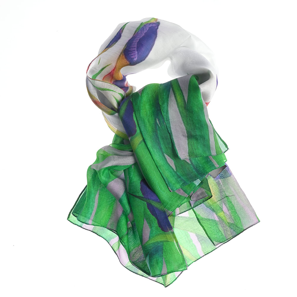 Esarfa matase cu imprimeu floral in nuante de verde si mov 100 x 100 cm - 4 | YEO