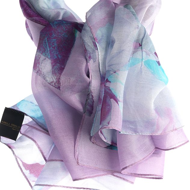 Esarfa din matase mov cu imprimeu floral abstract