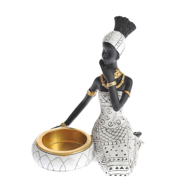 Statueta decorativa femeie africana cu bol alb 15 cm