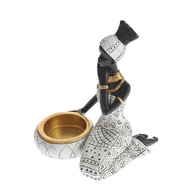 Statueta decorativa femeie africana cu bol alb 15 cm