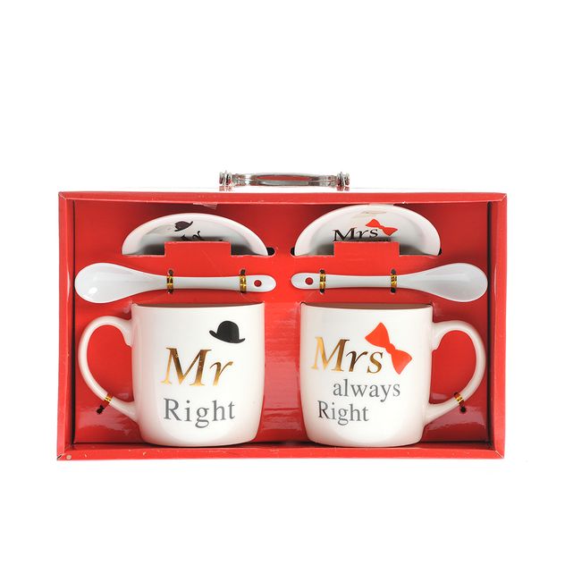 Set 2 cani ceramice cu farfurii si lingurite – Mr & Mrs Right