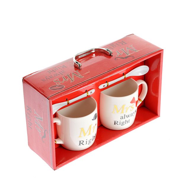 Set 2 cani ceramice cu farfurii si lingurite – Mr & Mrs Right