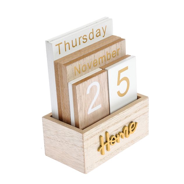 Calendar decorativ din lemn cu cuburi interschimbabile si mesaj "Home"