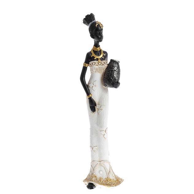 Statueta decorativa femeie africana cu amfora si rochie alba cu detalii aurii 27 cm