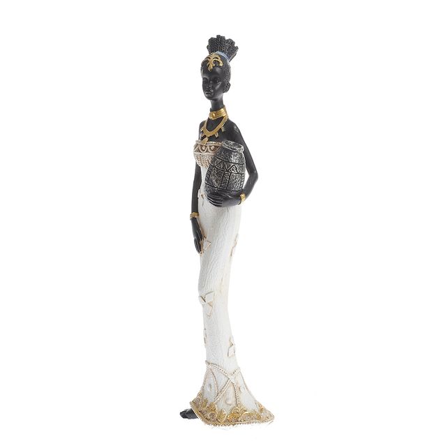 Statueta decorativa femeie africana cu amfora si rochie alba cu detalii aurii 27 cm