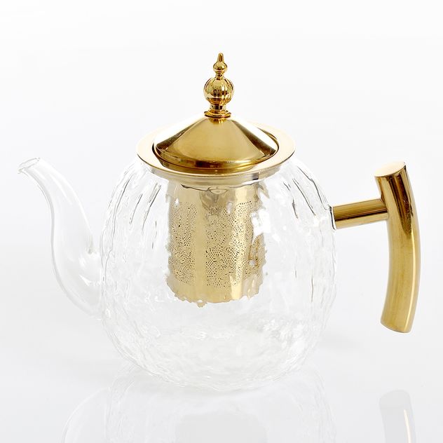 Ceainic din sticla transparenta cu infuzor si capac auriu 1000 ml