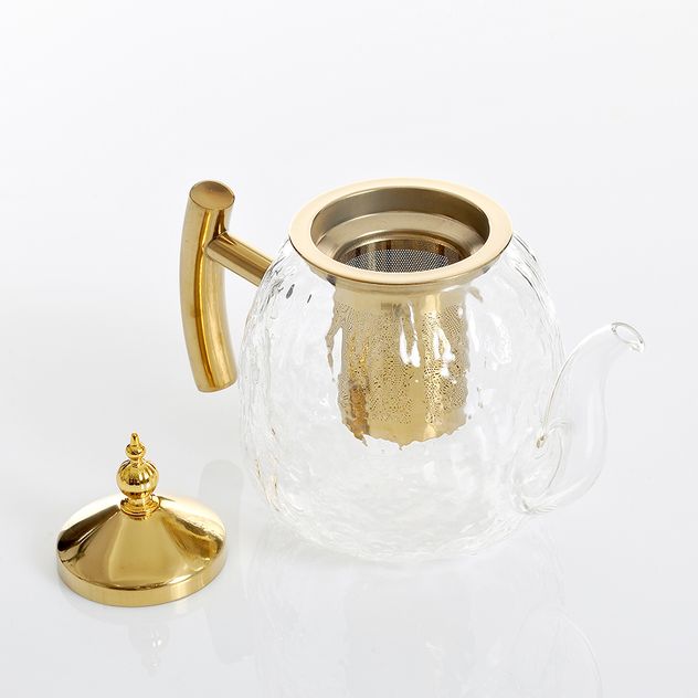 Ceainic din sticla transparenta cu infuzor si capac auriu 1000 ml