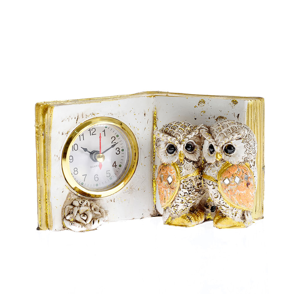 Statueta multicolora decorativa cu ceas si bufnite 16 cm