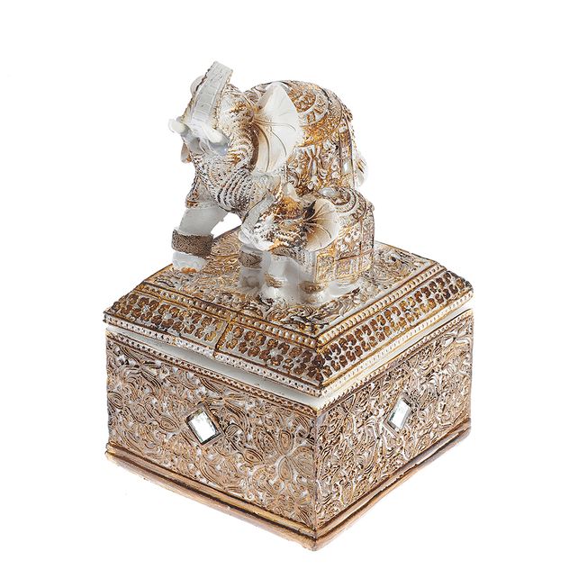 Statueta decorativa elefant pe soclu oriental, alb cu auriu